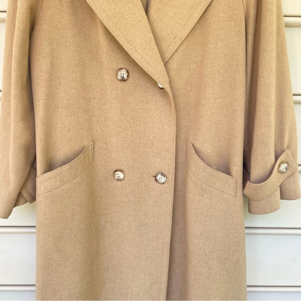 Fleurette Of California Camel Hair Double Breasted Long Trench Coat Tan L Work - Picture 2 of 14